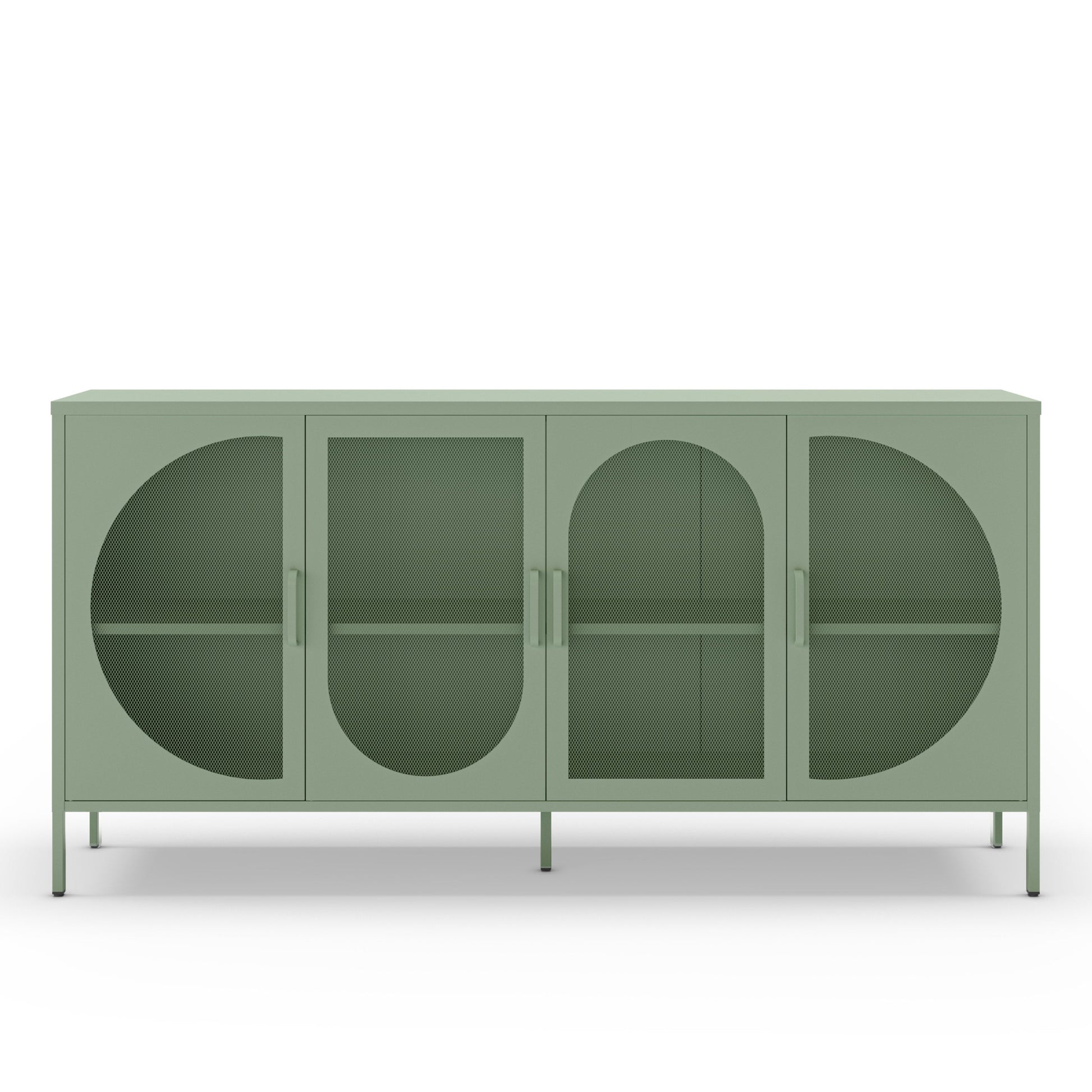 A sage green sideboard cabinet with four doors featuring arched and circular cutouts, shown on a clean white background.
