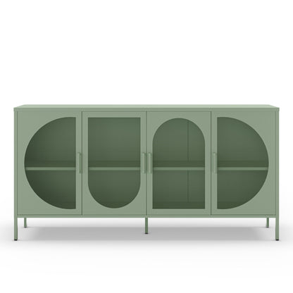 A sage green sideboard cabinet with four doors featuring arched and circular cutouts, shown on a clean white background.