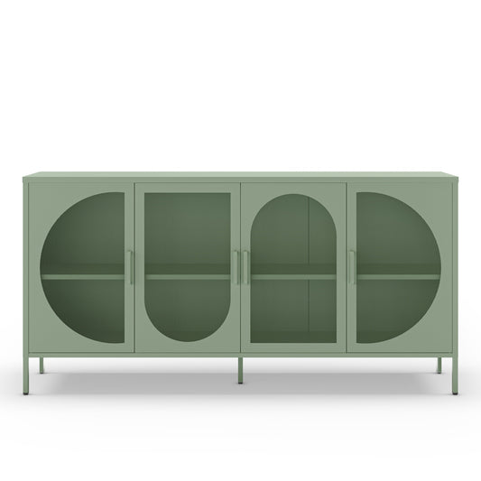 A sage green sideboard cabinet with four doors featuring arched and circular cutouts, shown on a clean white background.