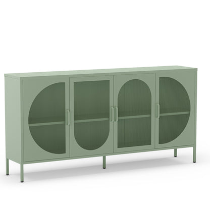 A sage green sideboard cabinet with four arched glass doors and open shelves, shown on a clean white background.