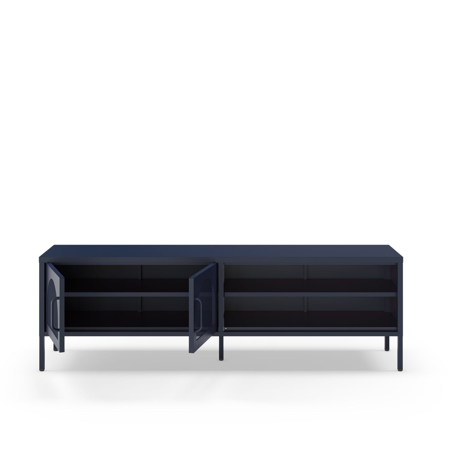 A modern dark navy blue media console or sideboard with open doors and multiple shelves, shown against a plain white background.