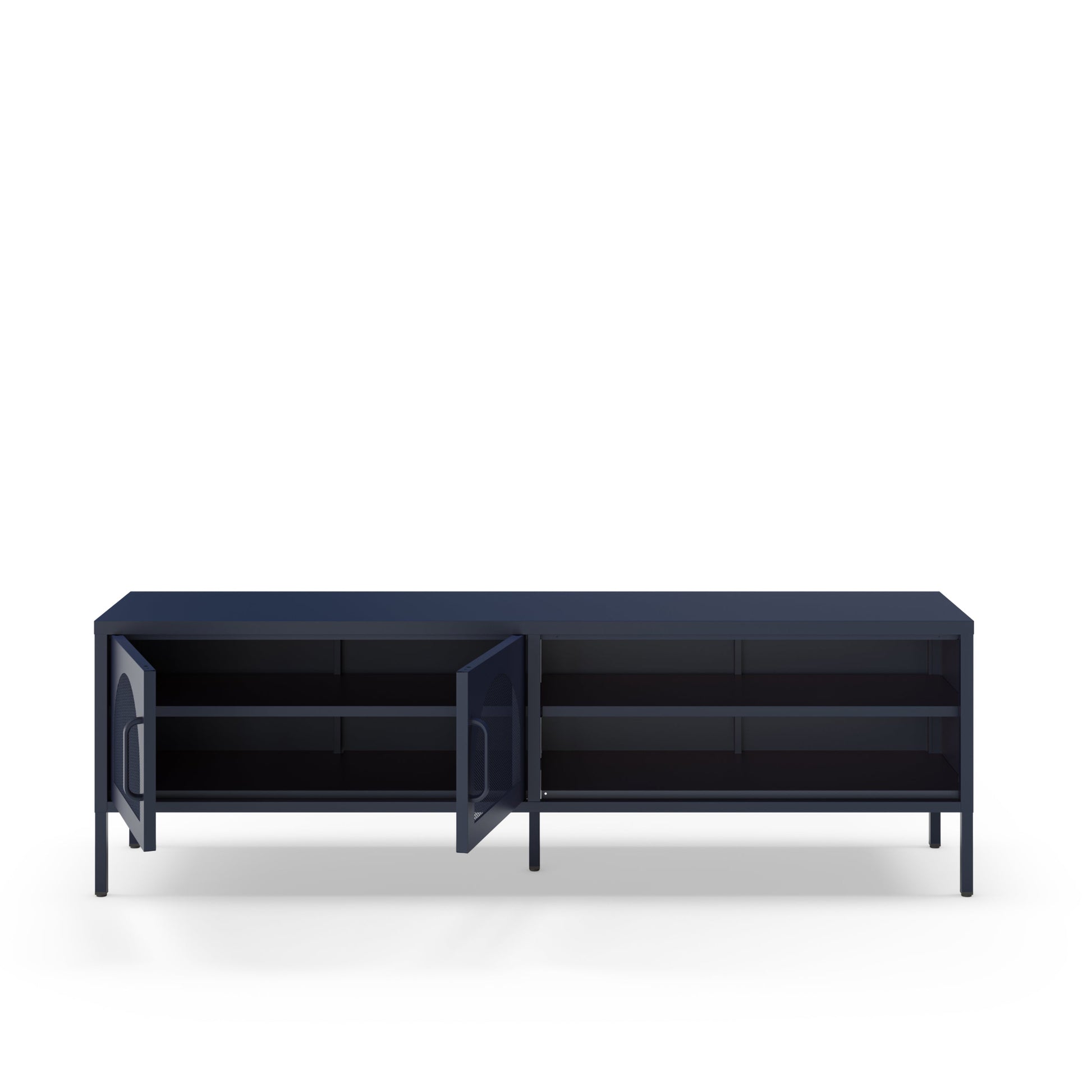 A modern dark navy blue media console or sideboard with open doors and multiple shelves, shown against a plain white background.