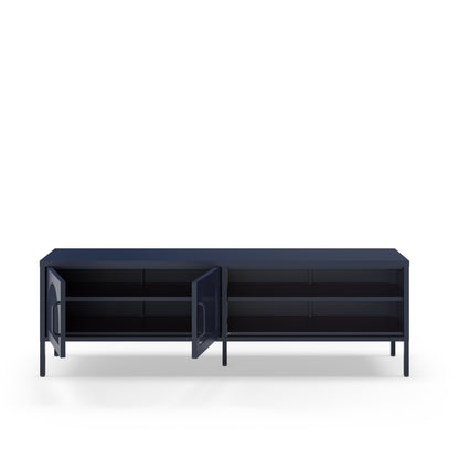 A modern dark navy blue media console or sideboard with open doors and multiple shelves, shown against a plain white background.