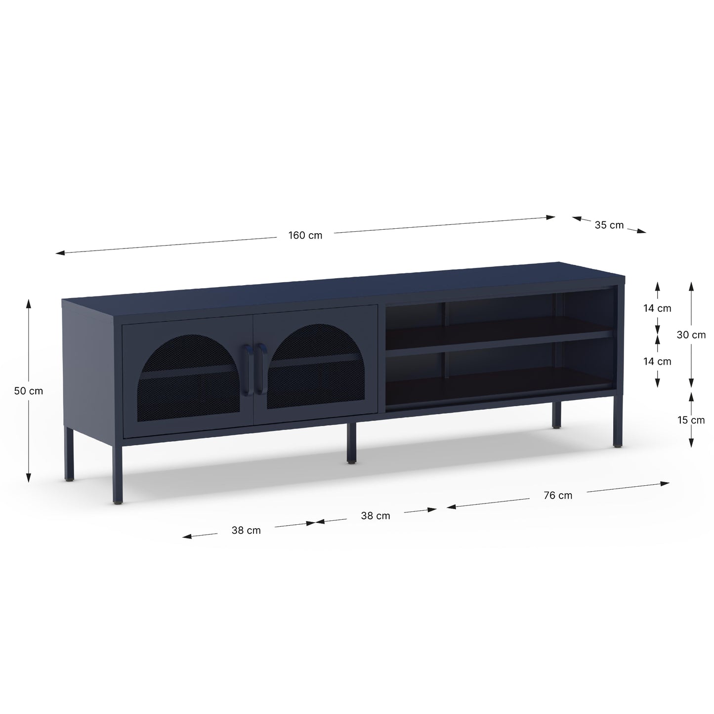 A dark navy media console with dimension callouts showing its measurements: 160 cm length, 50 cm height, 35 cm front overhang, and shelf compartment dimensions on a white background.