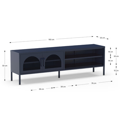 A dark navy media console with dimension callouts showing its measurements: 160 cm length, 50 cm height, 35 cm front overhang, and shelf compartment dimensions on a white background.