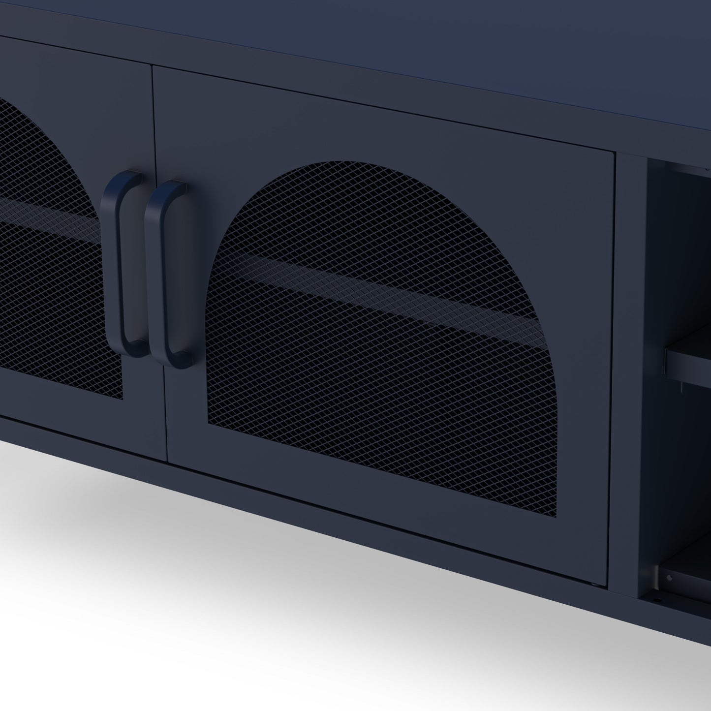 Close-up of a dark navy cabinet with two doors featuring arched black mesh panels and matching dark handles.