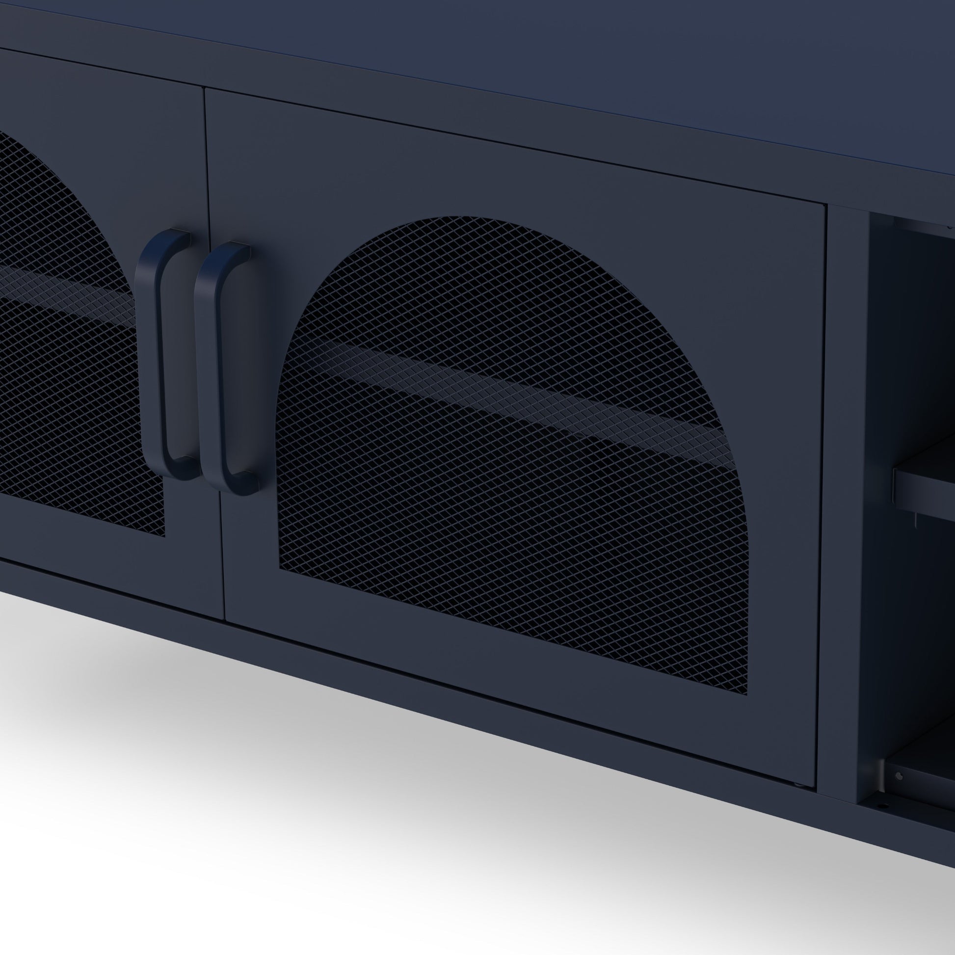 Close-up of a dark navy cabinet with two doors featuring arched black mesh panels and matching dark handles.