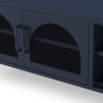 Close-up of a dark navy cabinet with two doors featuring arched black mesh panels and matching dark handles.