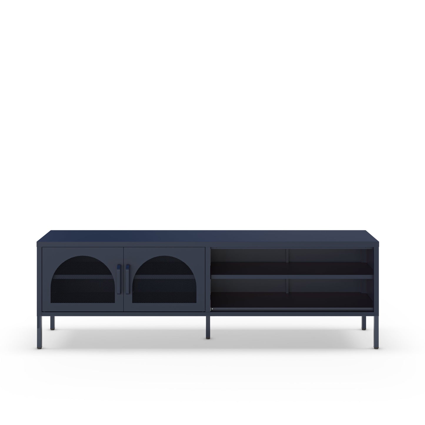 A modern dark navy blue TV stand or media console with two arched glass-front doors on the left and open shelving on the right, shown against a plain white background.