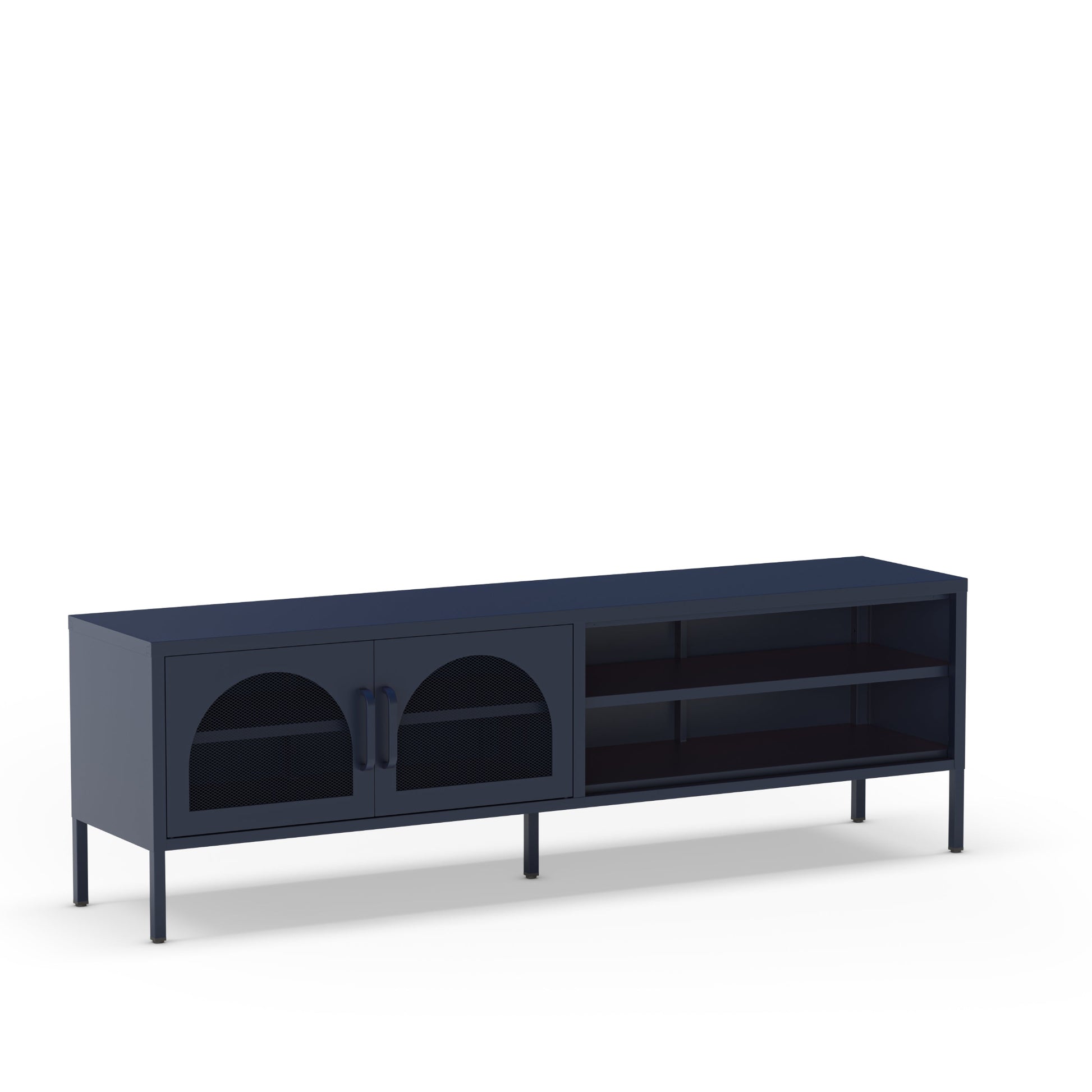 A modern navy blue media console with two arched cabinet doors on the left and open shelving on the right, supported by slim legs, shown on a white background.