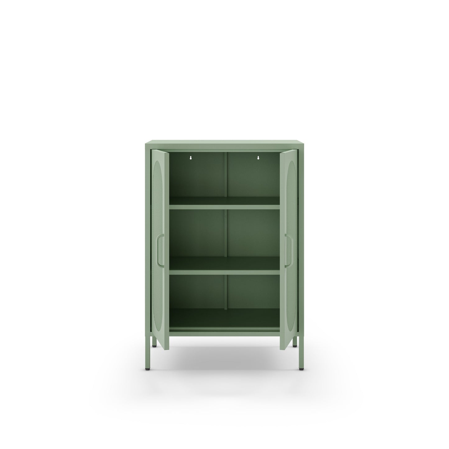 A sage green metal storage cabinet with two doors open, showing three interior shelves, set against a plain white background.