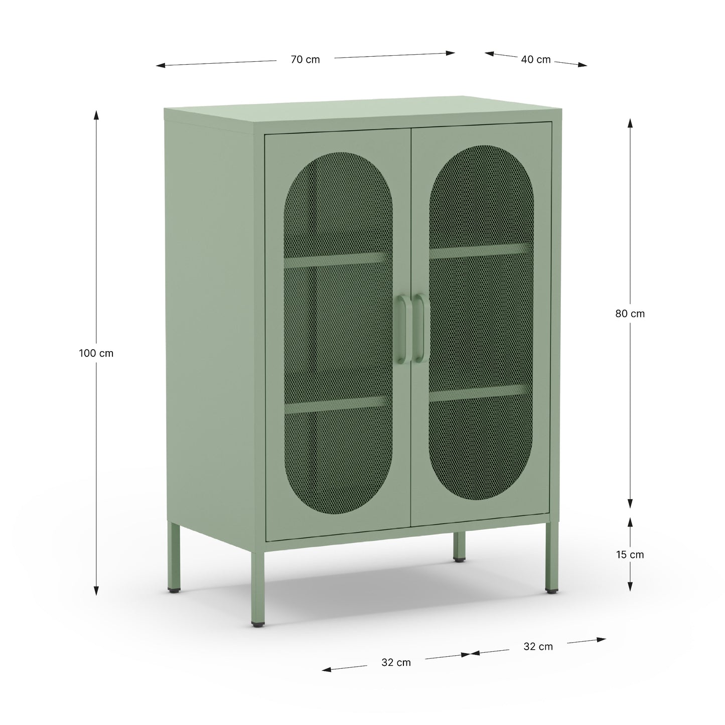 A sage green metal cabinet with two arched glass doors and shelves, shown with dimension lines and labels indicating height, width, and depth measurements.