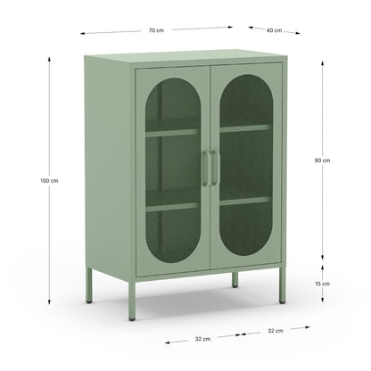 A sage green metal cabinet with two arched glass doors and shelves, shown with dimension lines and labels indicating height, width, and depth measurements.