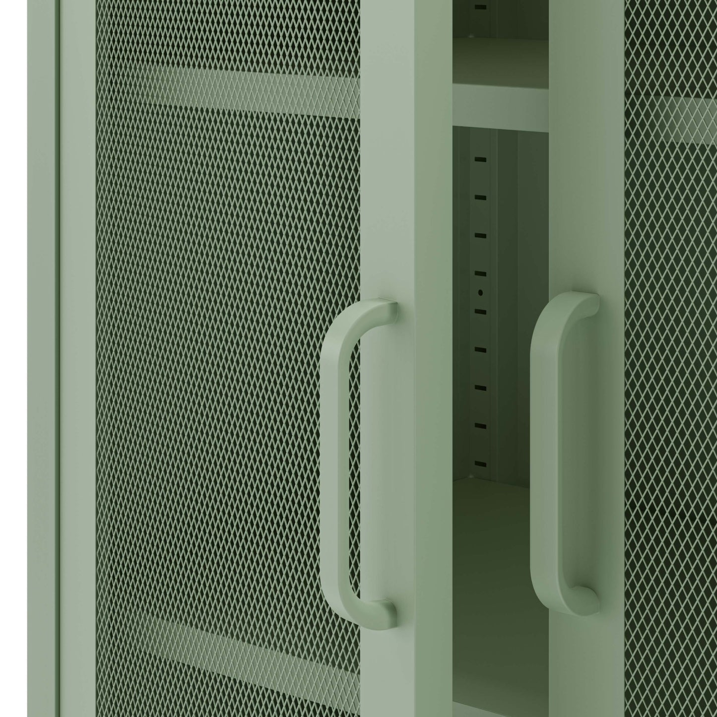 Close-up of a storage cabinet or shelf unit with two light sage green doors featuring a fine mesh pattern and matching curved handles.