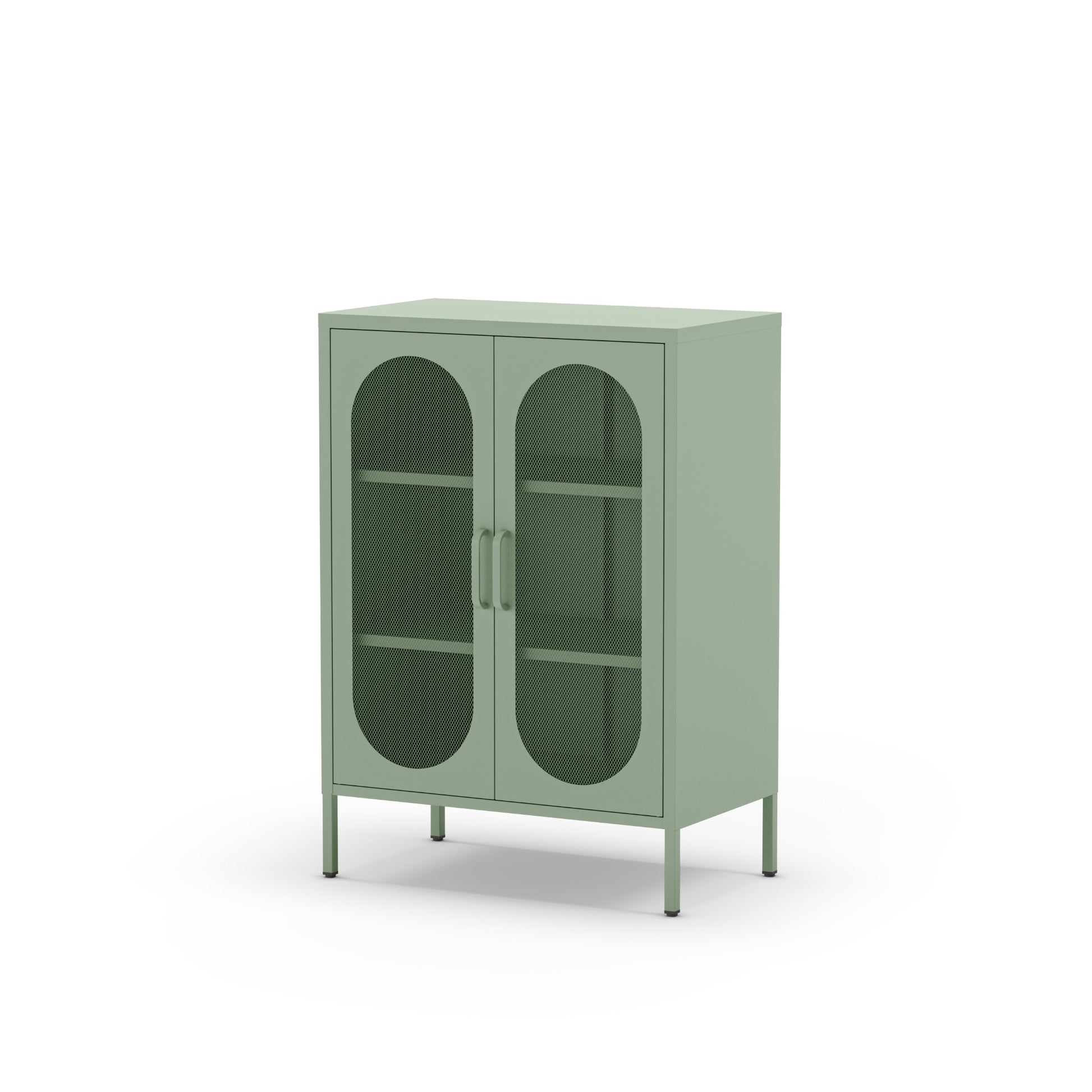 A sage green metal cabinet with two arched glass doors, two interior shelves, and slim metal legs, shown on a plain white background.