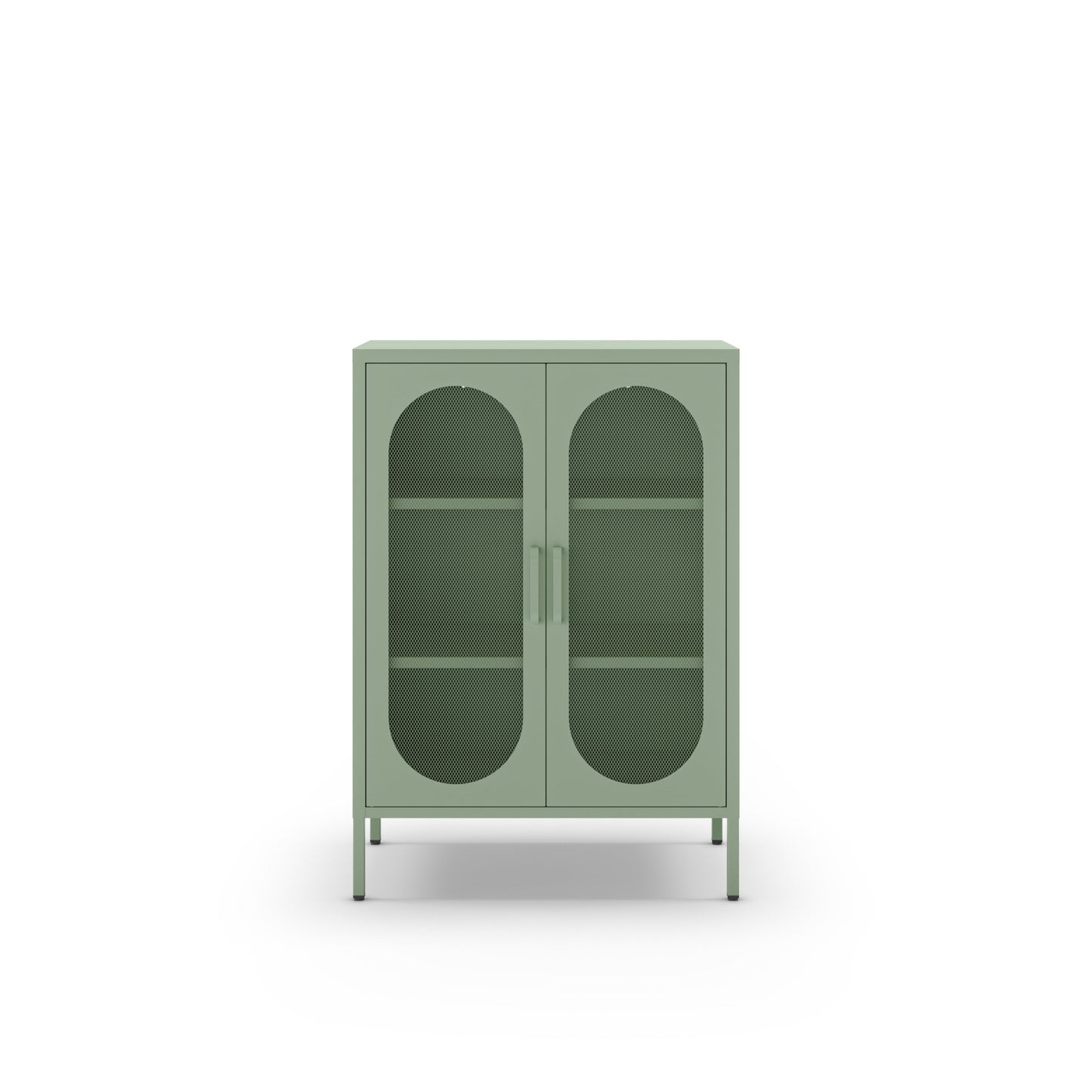 A sage green metal cabinet with two arched glass doors and two interior shelves, shown against a plain white background.