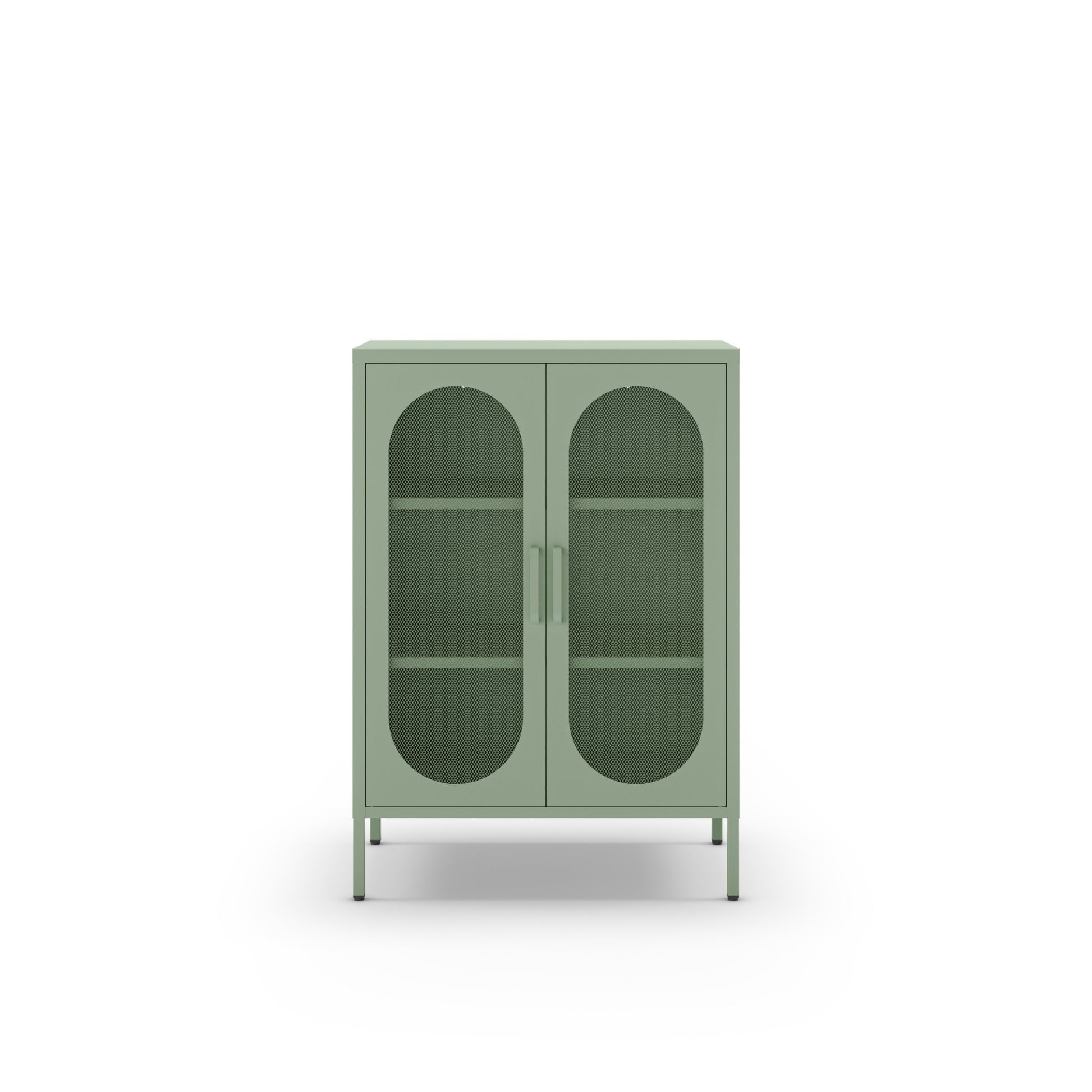 A sage green metal cabinet with two arched glass doors and two interior shelves, shown against a plain white background.
