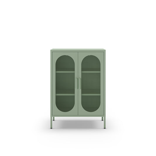 A sage green metal cabinet with two arched glass doors and two interior shelves, shown against a plain white background.