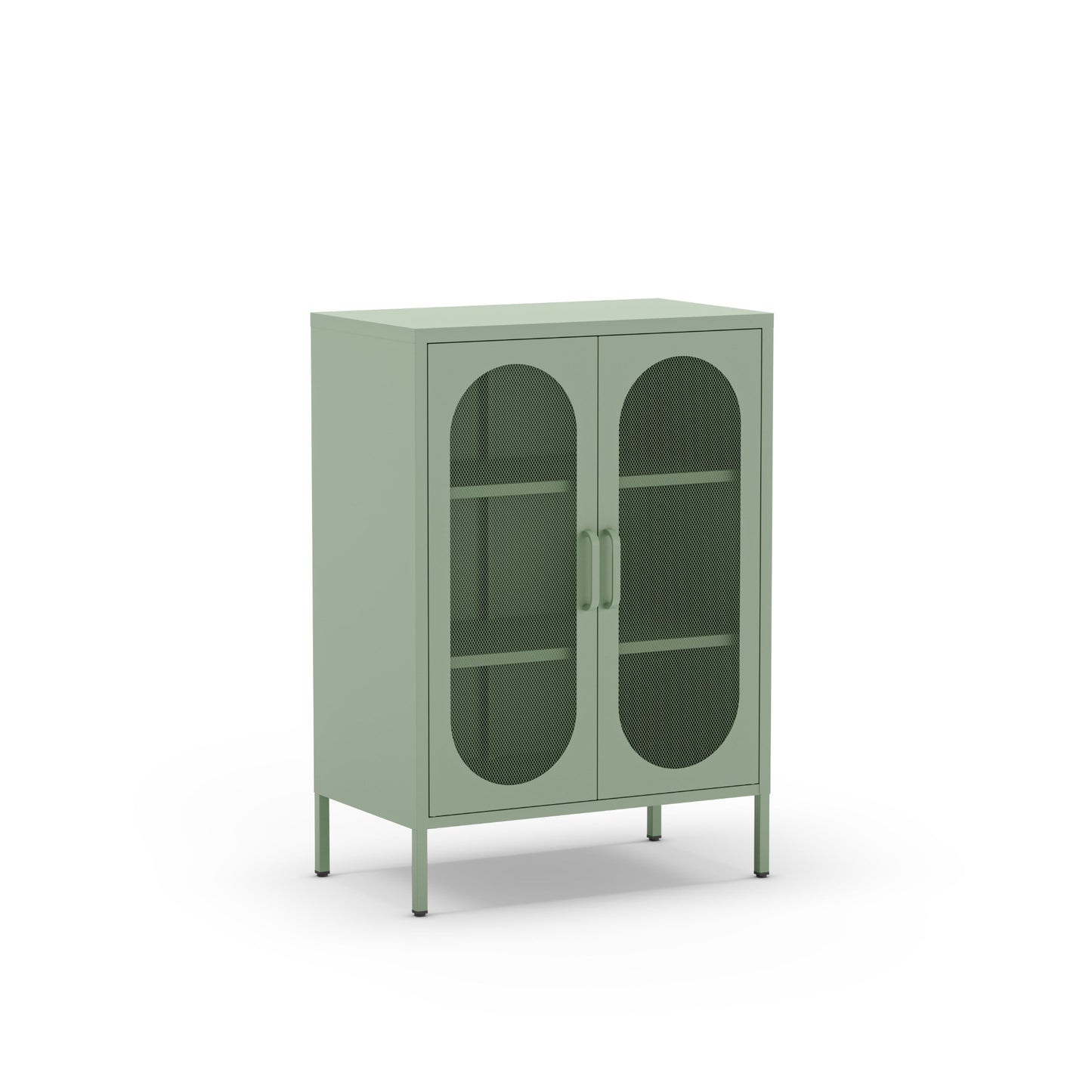 A sage green metal cabinet with two arched glass doors, two interior shelves, and slim metal legs, shown on a plain white background.