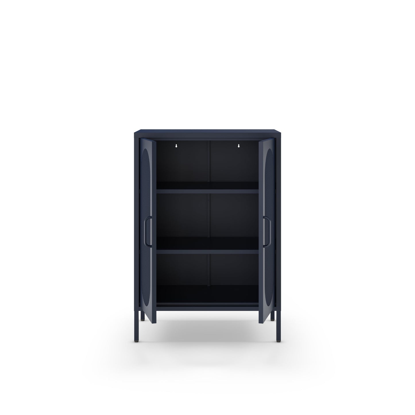 A modern dark navy blue storage cabinet with two open doors and three interior shelves, shown against a plain white background.