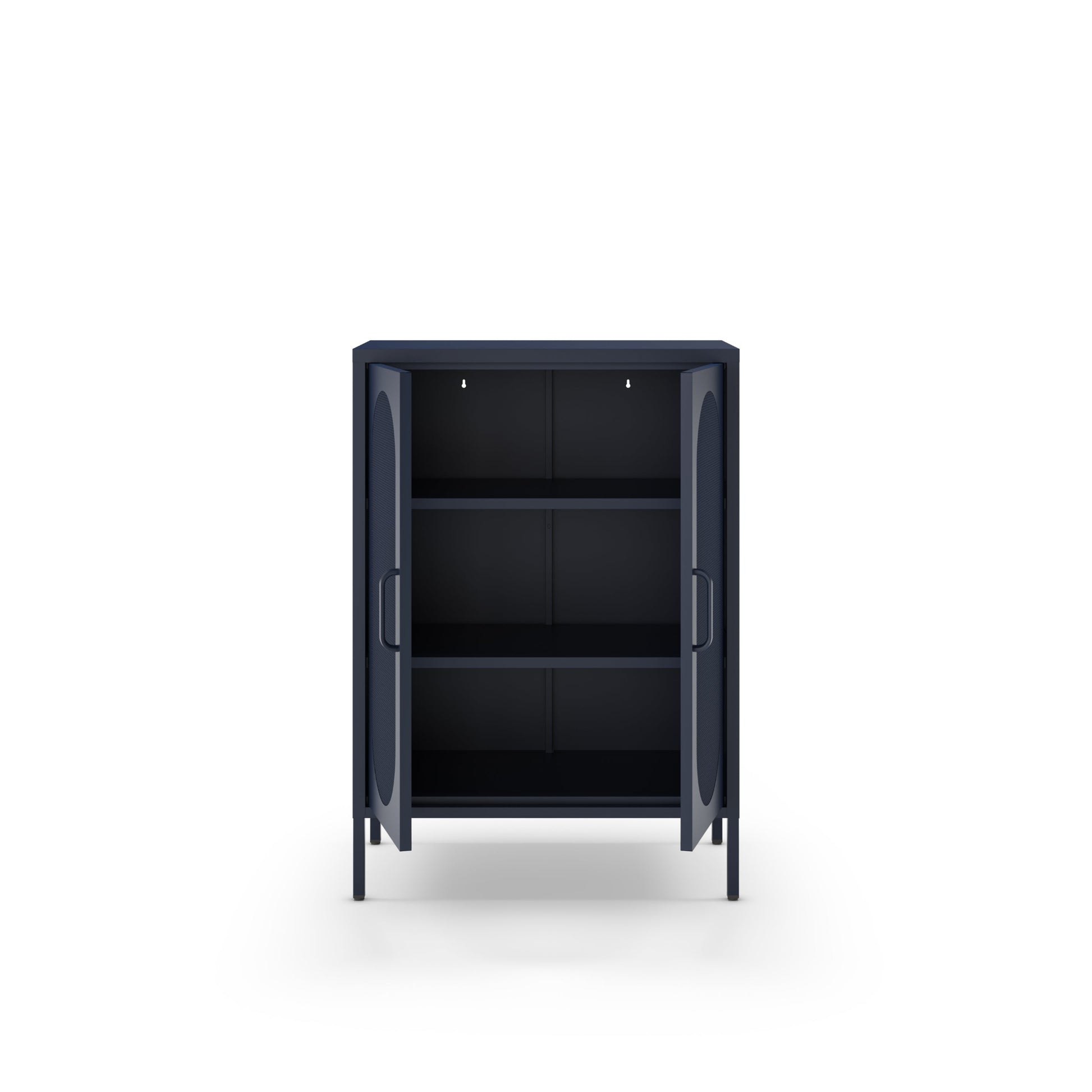 A modern dark navy blue storage cabinet with two open doors and three interior shelves, shown against a plain white background.