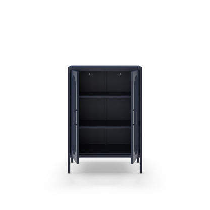 A modern dark navy blue storage cabinet with two open doors and three interior shelves, shown against a plain white background.