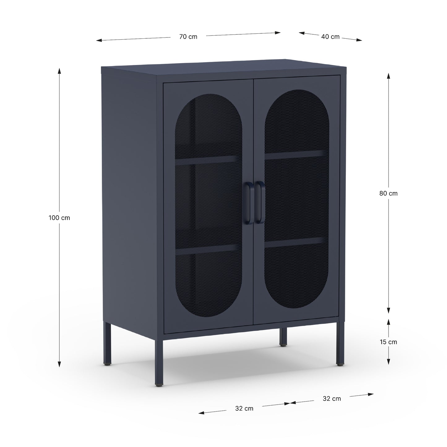 A dark gray metal storage cabinet with two arched glass doors and dimension callouts showing its height, width, and depth on a white background.