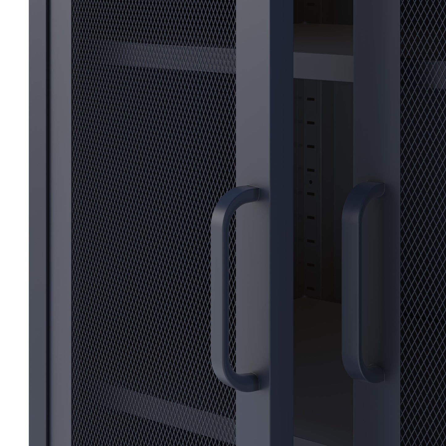 Dark blue mesh storage cabinet with a handle on a white background