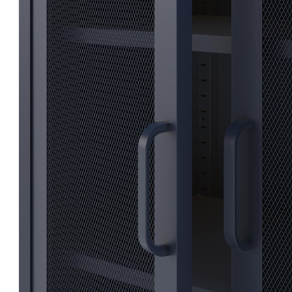 Dark blue mesh storage cabinet with a handle on a white background