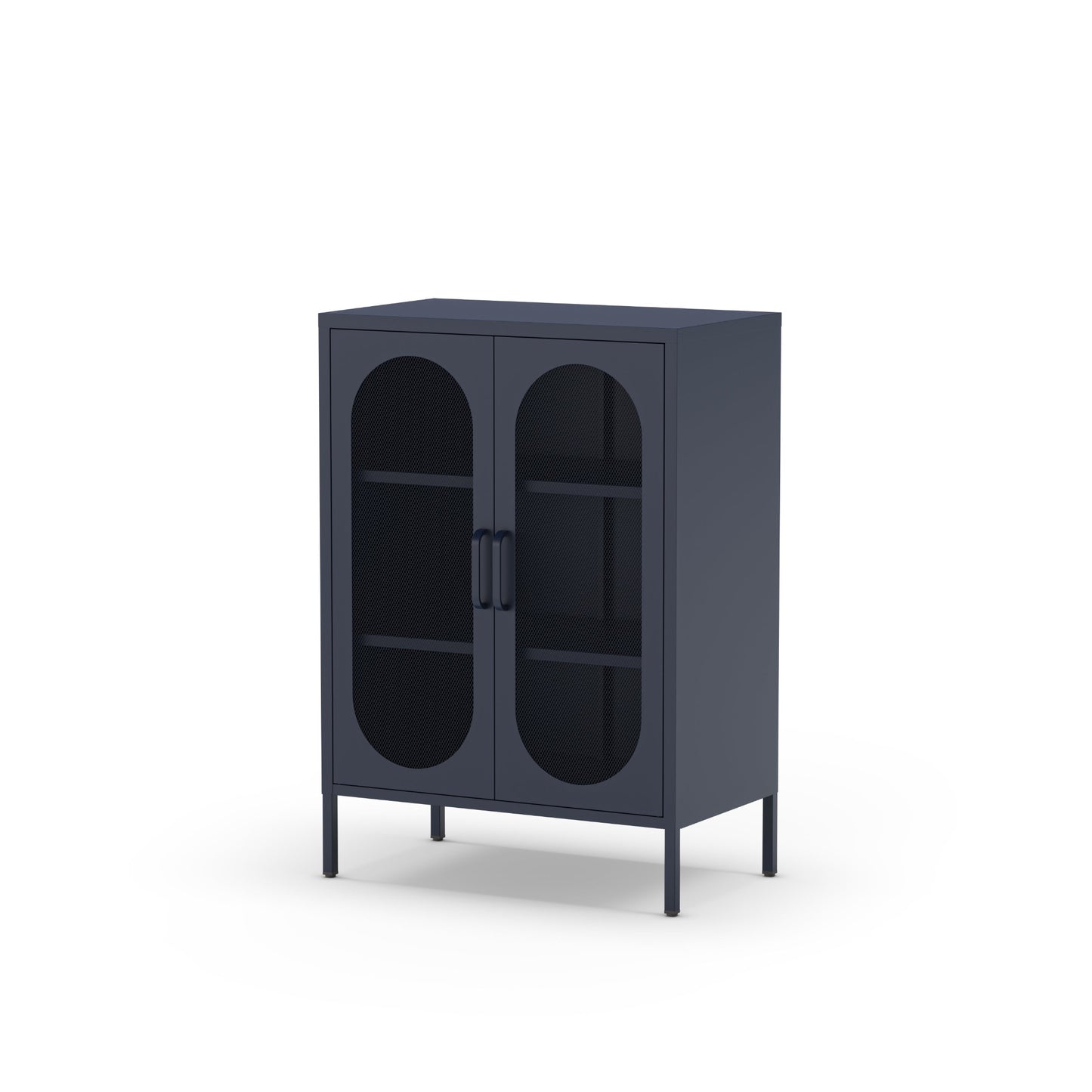 A modern dark gray cabinet with two arched glass doors, two interior shelves, and slim legs, shown on a plain white background.