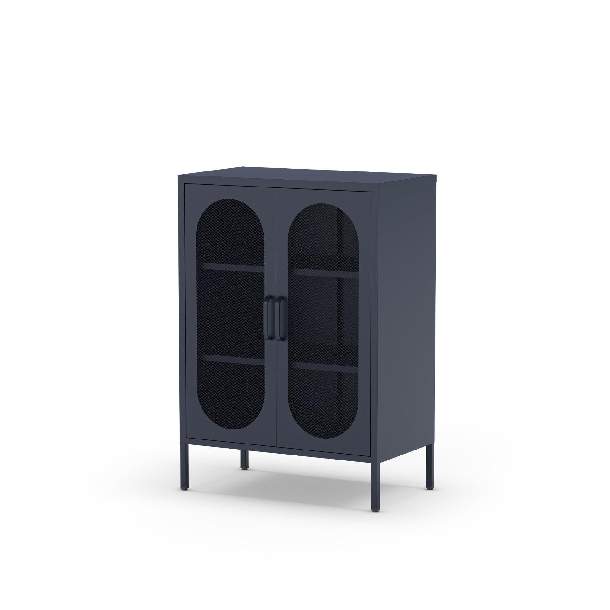 A modern dark gray cabinet with two arched glass doors, two interior shelves, and slim legs, shown on a plain white background.