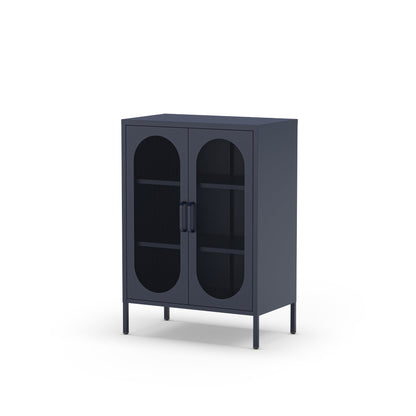 A modern dark gray cabinet with two arched glass doors, two interior shelves, and slim legs, shown on a plain white background.