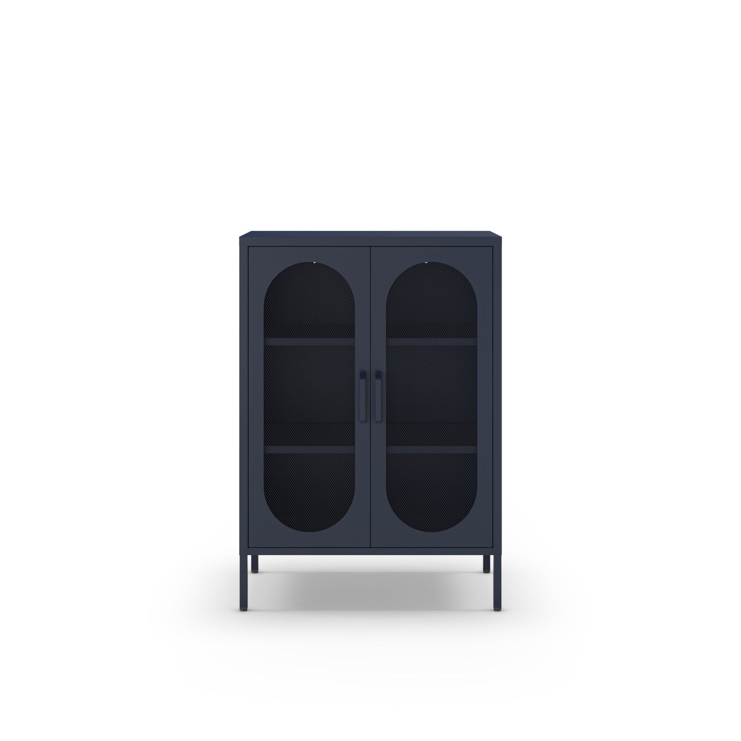 A dark navy blue two-door cabinet with arched glass doors and two interior shelves, shown from the front on a clean white background.