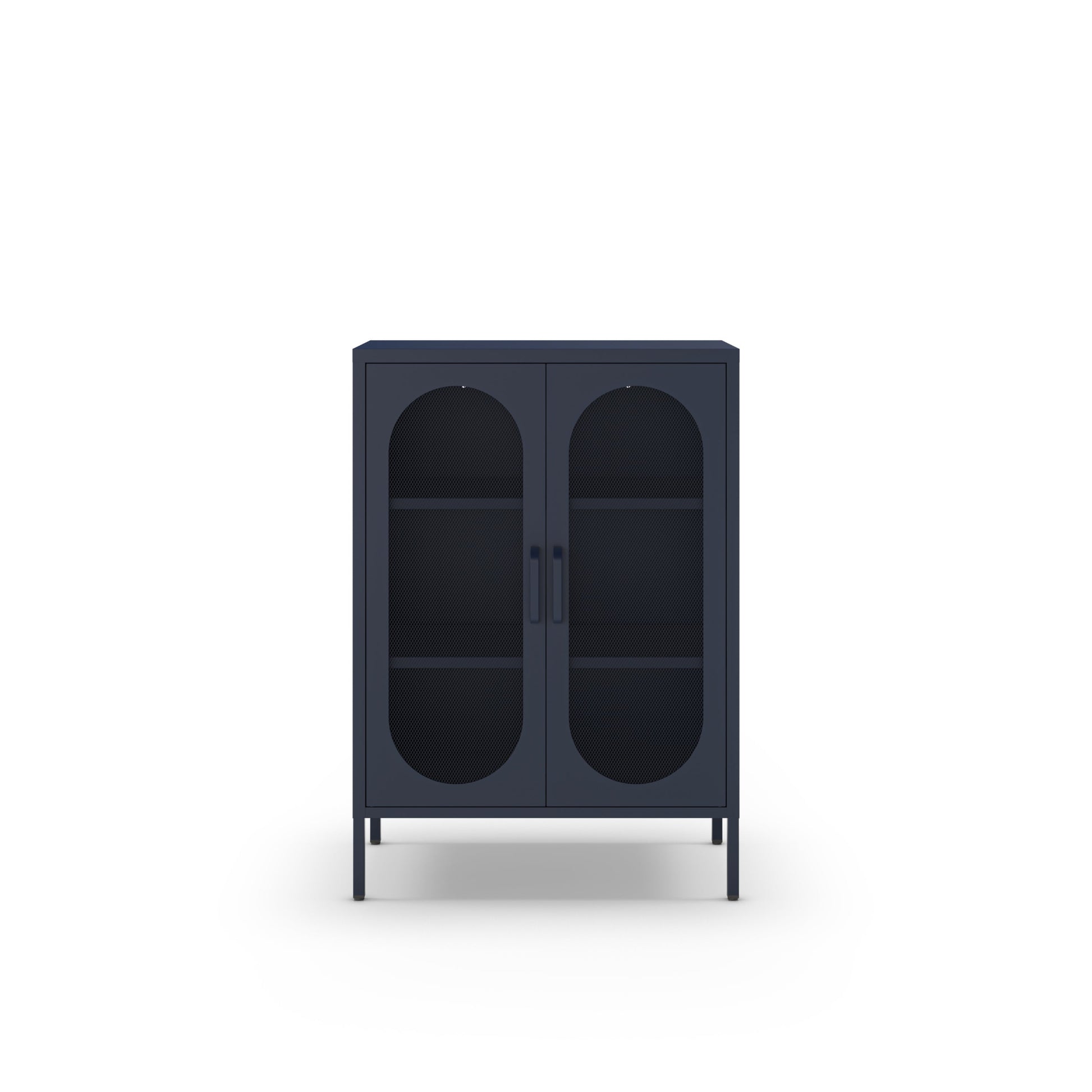 A dark navy blue two-door cabinet with arched glass doors and two interior shelves, shown from the front on a clean white background.