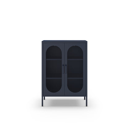 A dark navy blue two-door cabinet with arched glass doors and two interior shelves, shown from the front on a clean white background.