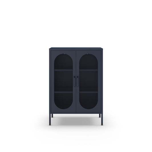 A dark navy blue two-door cabinet with arched glass doors and two interior shelves, shown from the front on a clean white background.