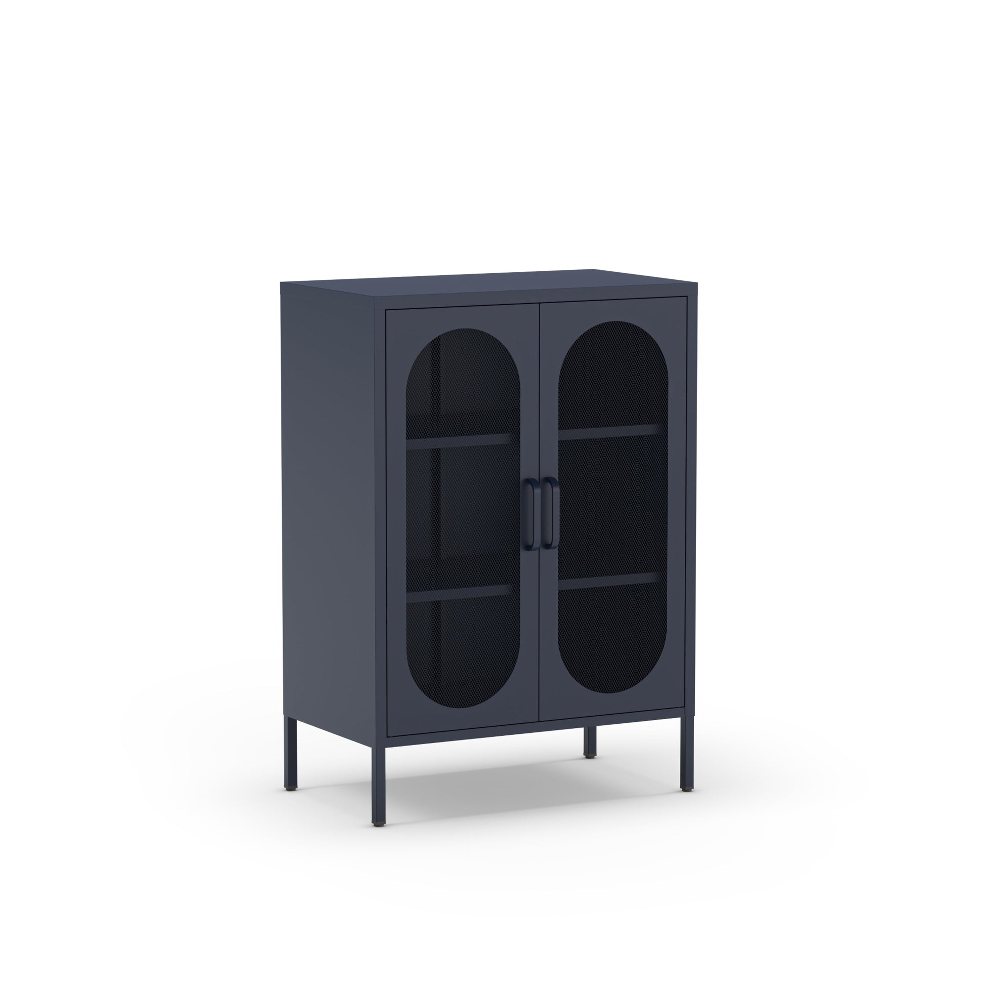 A modern dark gray cabinet with two arched glass doors and slim metal legs, shown on a plain white background.