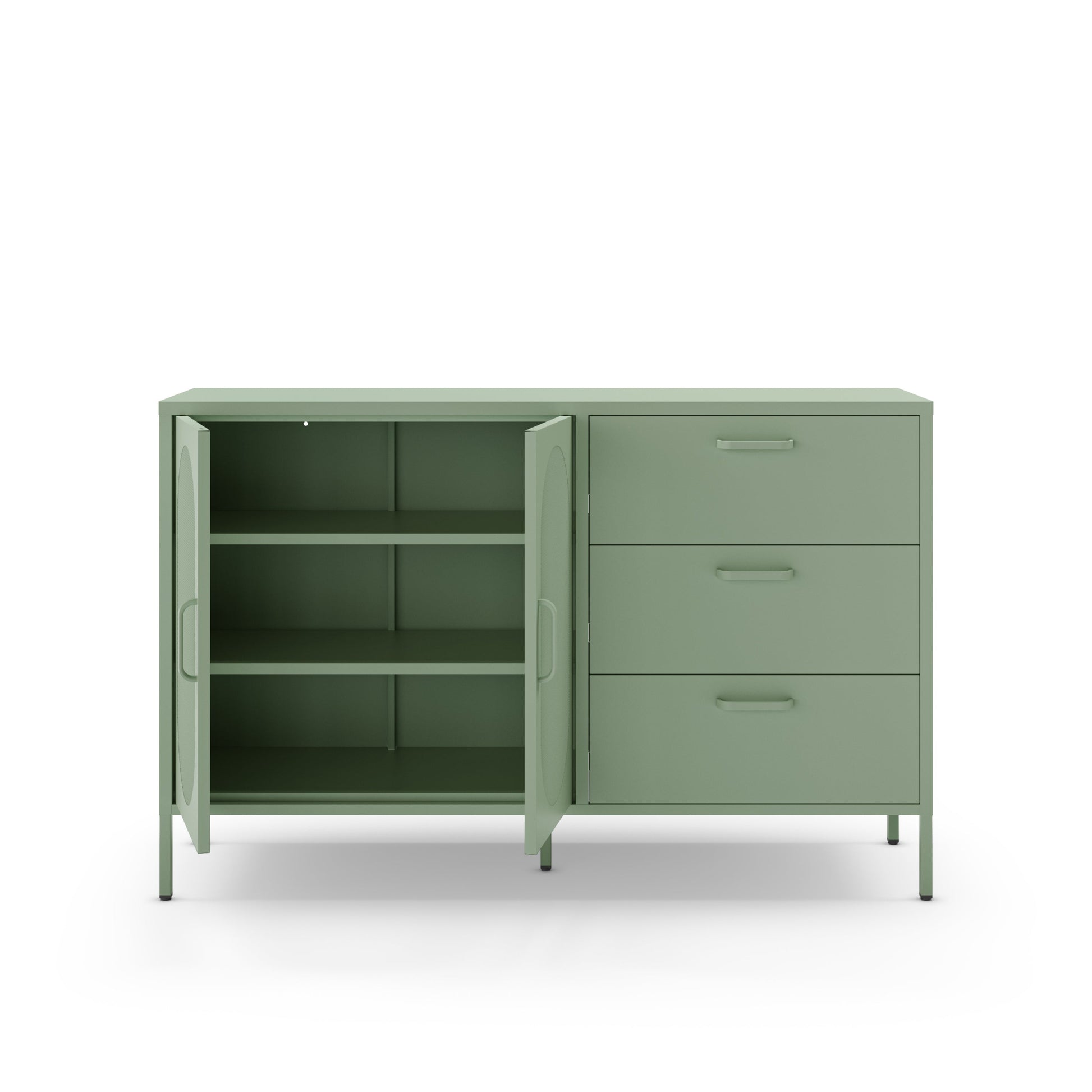 A sage green metal storage cabinet with one open door showing three shelves on the left and three drawers on the right, set against a plain white background.