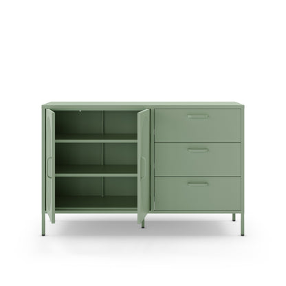 A sage green metal storage cabinet with one open door showing three shelves on the left and three drawers on the right, set against a plain white background.