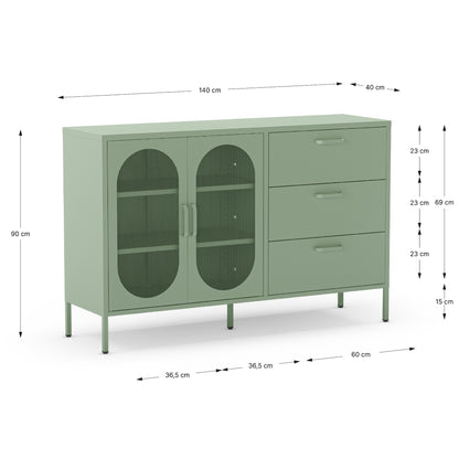 A sage green sideboard cabinet with two oval glass doors and three drawers, shown with dimension lines and labels indicating its measurements.