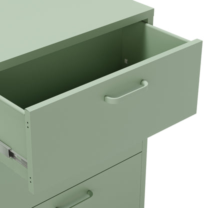 A close-up of a sage green filing cabinet with one drawer pulled open, showing a silver metal pull handle and drawer slide mechanism against a white background.