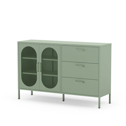 A sage green sideboard cabinet with two oval glass-front doors and three drawers on the right, shown on a plain white background.