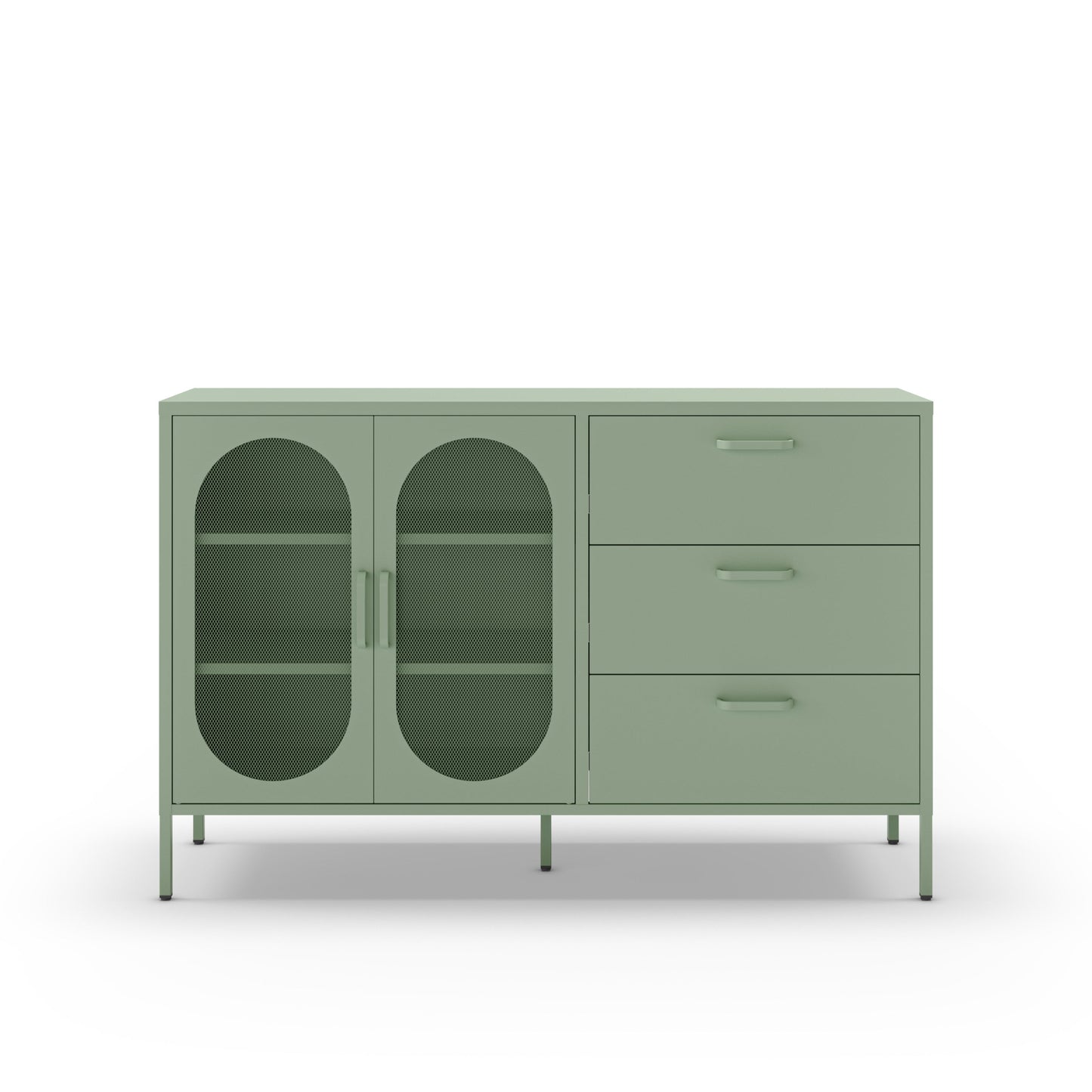 A modern sideboard cabinet in sage green, featuring two arched glass doors on the left and three drawers on the right, set against a plain white background.