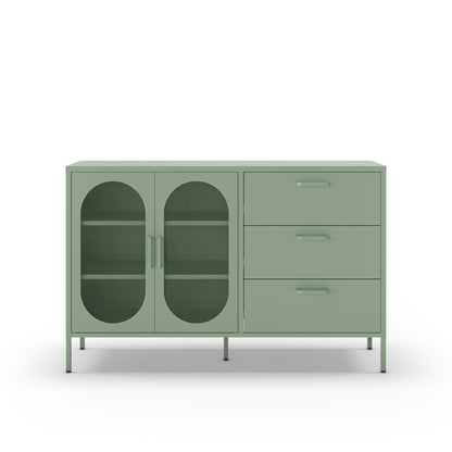 A modern sideboard cabinet in sage green, featuring two arched glass doors on the left and three drawers on the right, set against a plain white background.