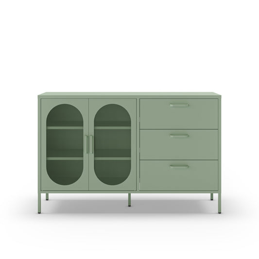 A modern sideboard cabinet in sage green, featuring two arched glass doors on the left and three drawers on the right, set against a plain white background.