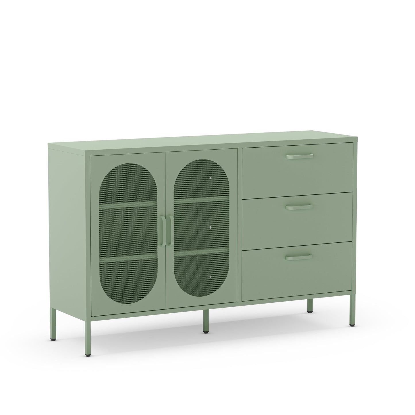 A sage green sideboard cabinet with two arched glass doors on the left and three drawers on the right, supported by slim metal legs, shown on a plain white background.