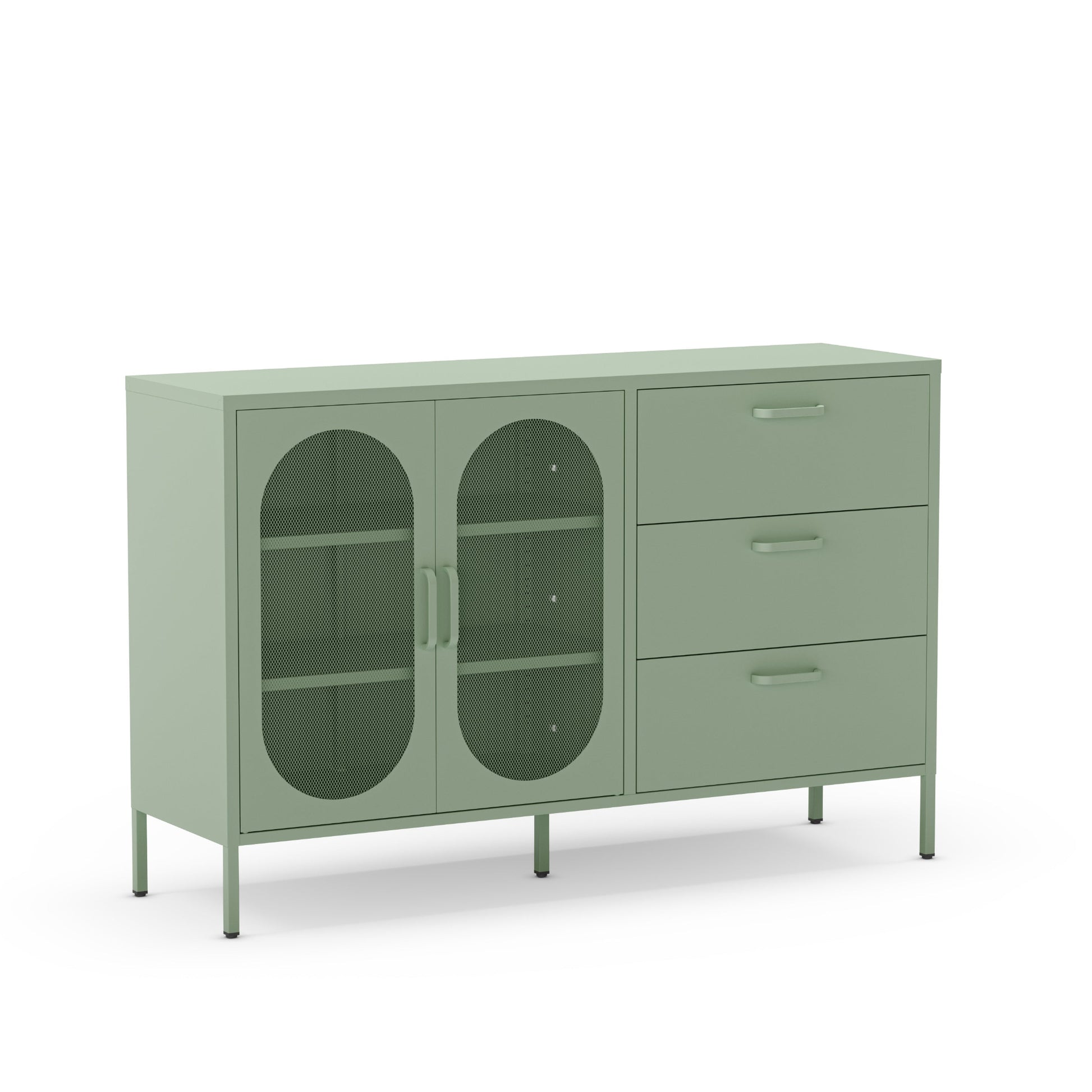 A sage green sideboard cabinet with two arched glass doors on the left and three drawers on the right, supported by slim metal legs, shown on a plain white background.