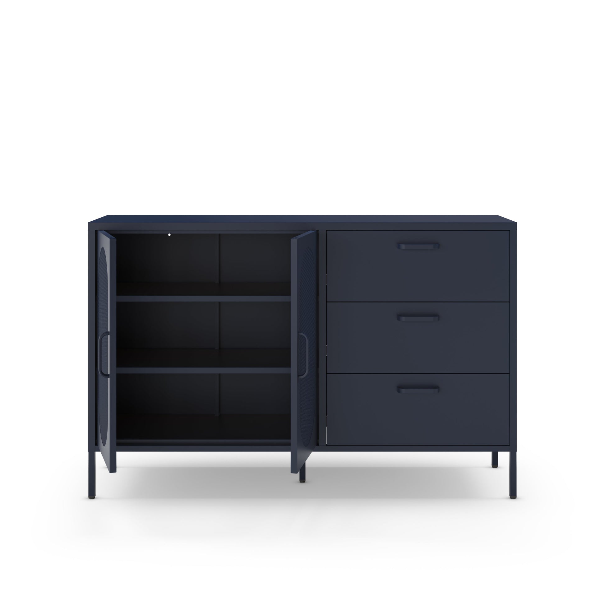 A modern dark navy blue storage cabinet with three drawers on the right and two open doors on the left, showing three interior shelves, set against a plain white background.