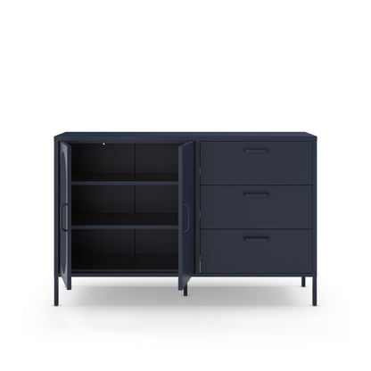A modern dark navy blue storage cabinet with three drawers on the right and two open doors on the left, showing three interior shelves, set against a plain white background.