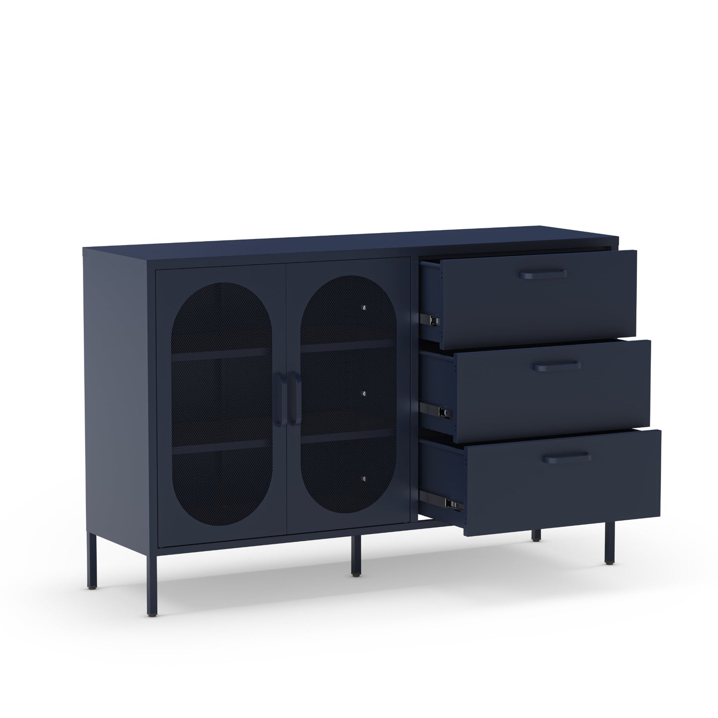A modern navy blue sideboard cabinet with two arched glass doors on the left and three drawers on the right, with two drawers pulled open, shown on a white background.